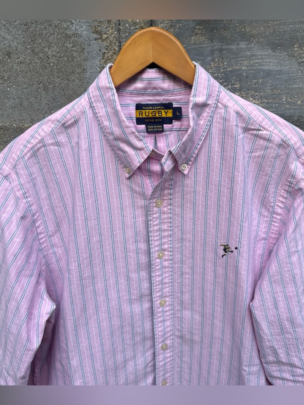 Ralph Lauren Rugby Shirt Mens L Pink Blue Striped Oxford Button Down Cotton
